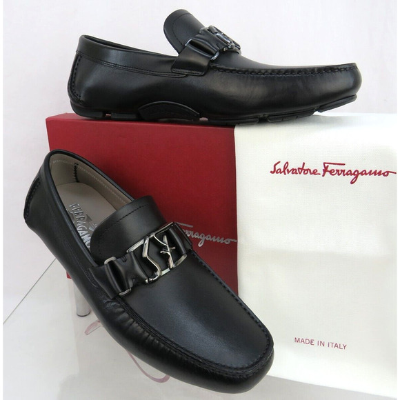 FERRAGAMO PETER BLACK LEATHER SF LOGO BUCKLE MOCCASIN DRIVING LOAFERS 8.5 EE main image 6